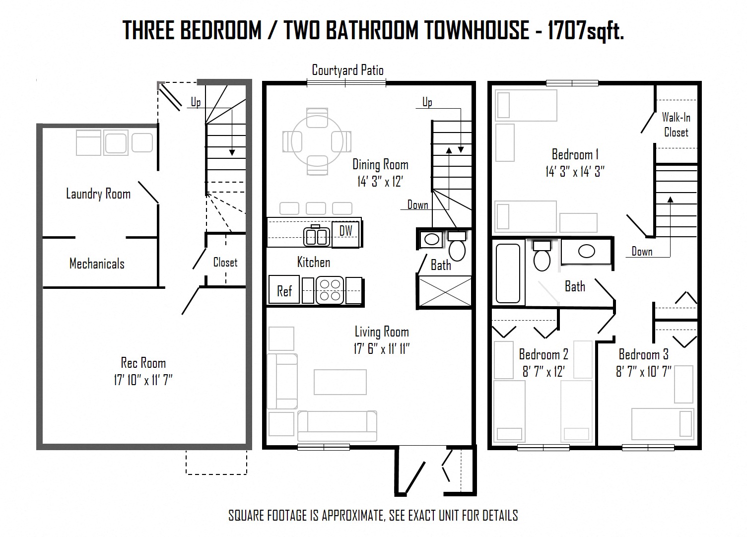 Floor plan for 3 beds, 2 baths, 1707 sqft